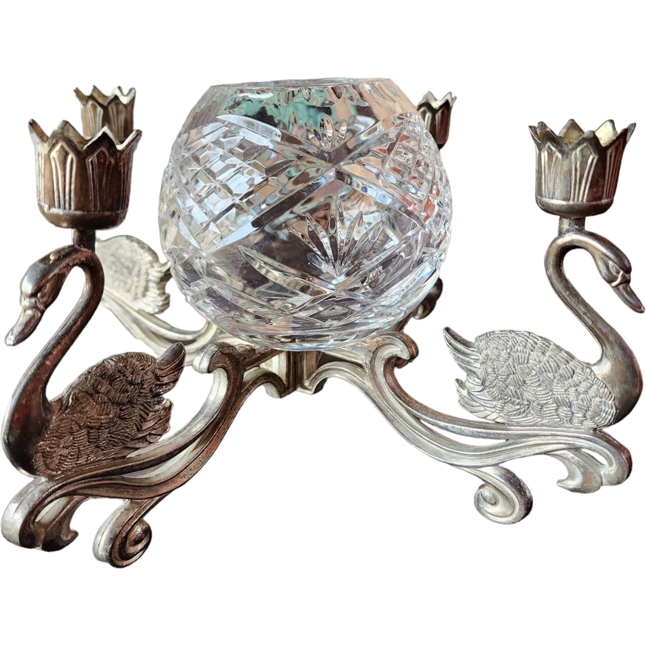 Godinger Silverplate Swan Crystal Bowl Candle Holder Tabletop Candelabra Centerpiece