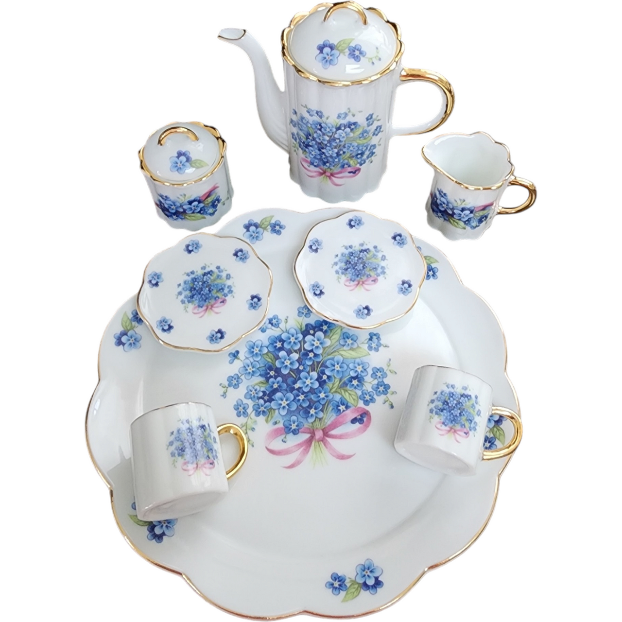 Gold Border Blue Flowers Pink Bow 10 Pc Miniature Tea Set