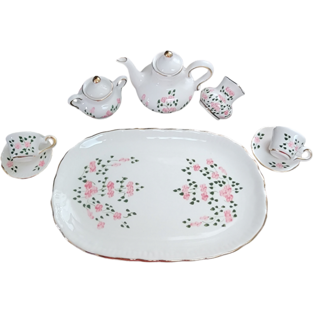Gold Border Pink Flowers 10 Pc Miniature Tea Set