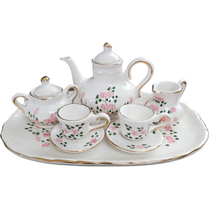 Gold Border Pink Flowers 10 Pc Miniature Tea Set