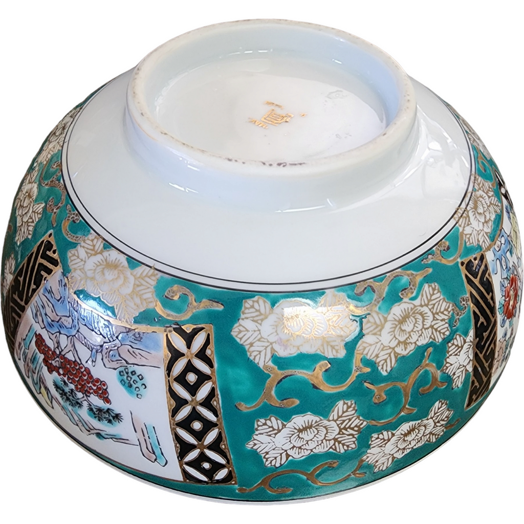 Gold Imari Hand Decorated Porcelain Green White 24k Floral Centerpiece Bowl  Japan