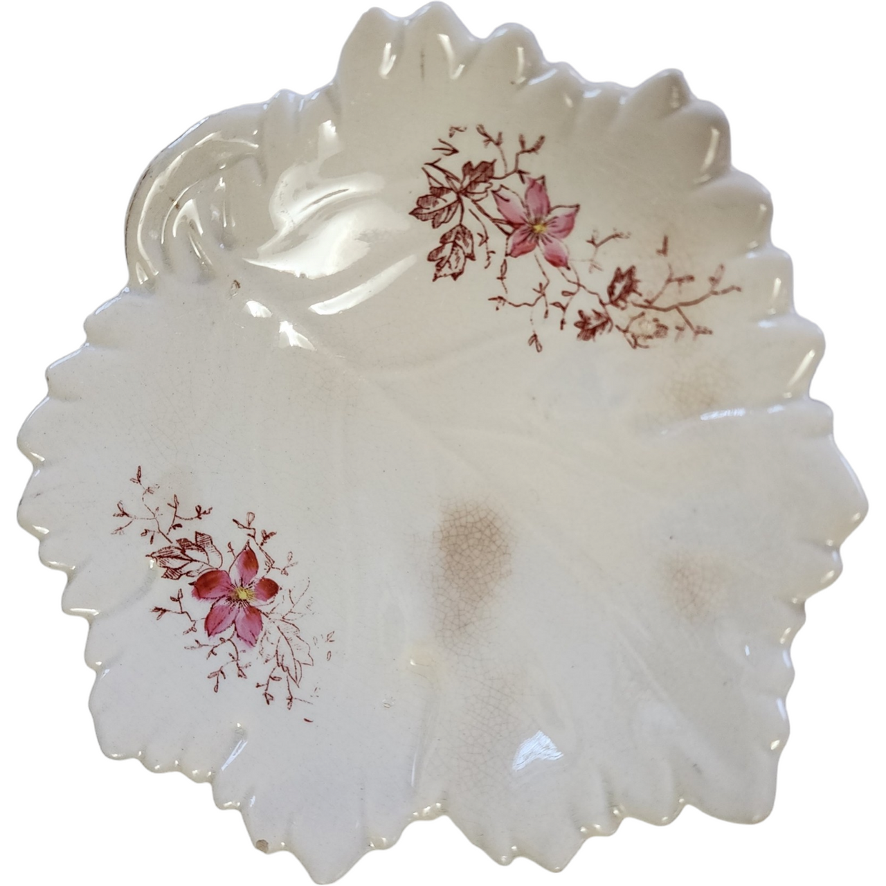 6" Goodwin Bros Pearl White Ironstone Floral Leaf Shaped Dish