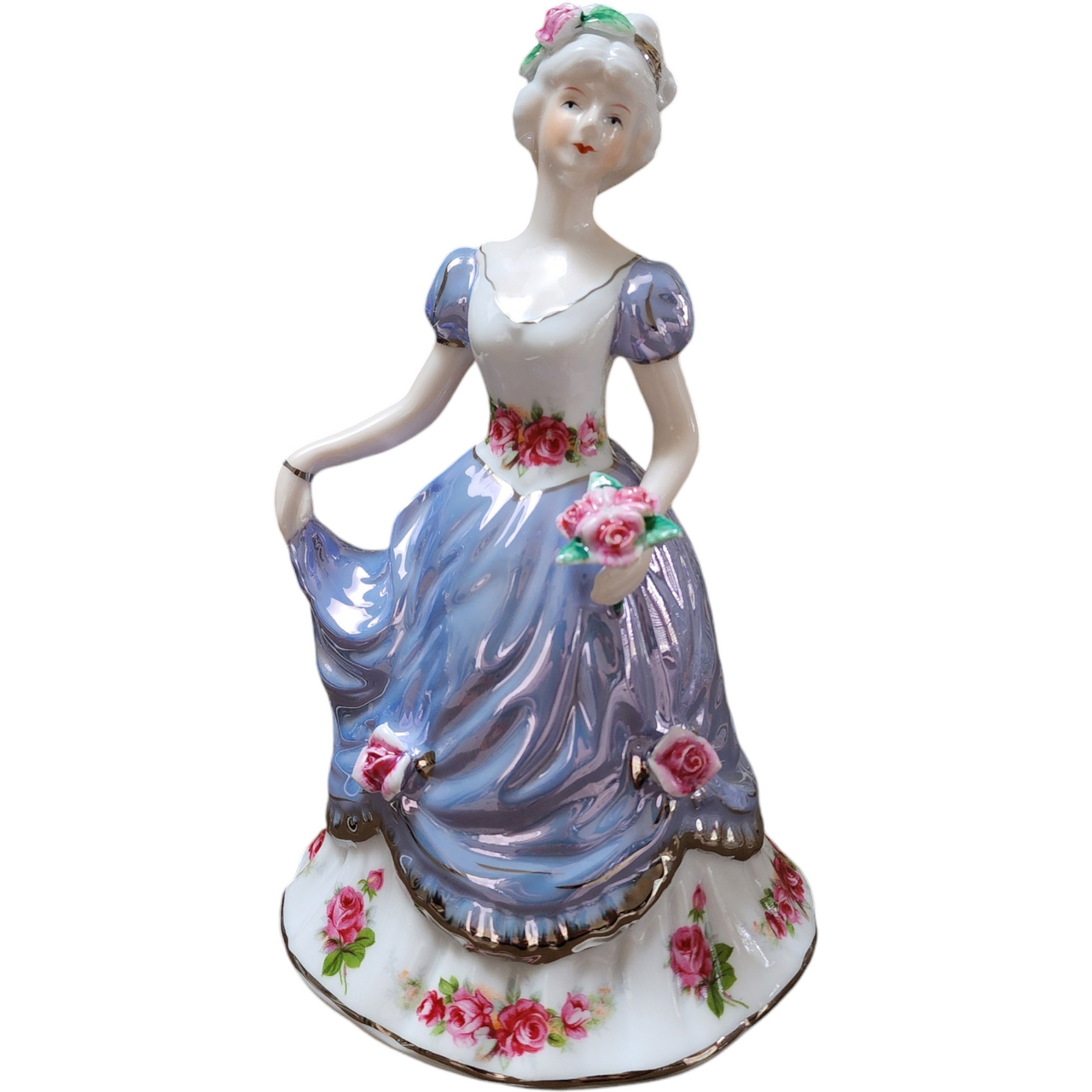 8" Victorian Porcelain Lady with Lavender Gown and Floral Accents Figurine Statue