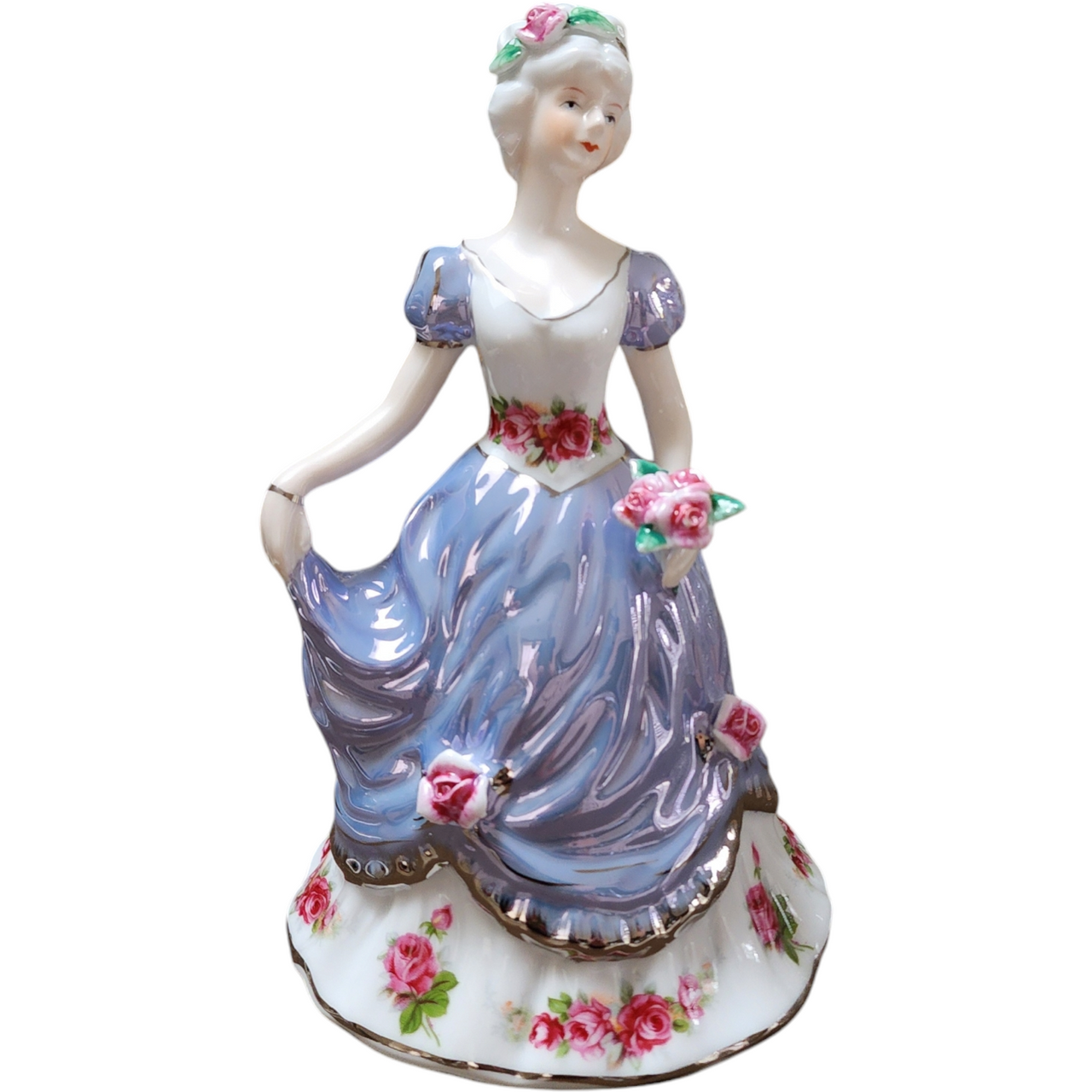8" Victorian Porcelain Lady with Lavender Gown and Floral Accents Figurine Statue