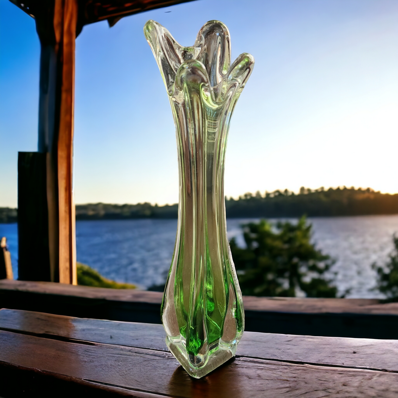 Green Stretch 4 Finger Sommerso Hand Blown Art Glass Vase