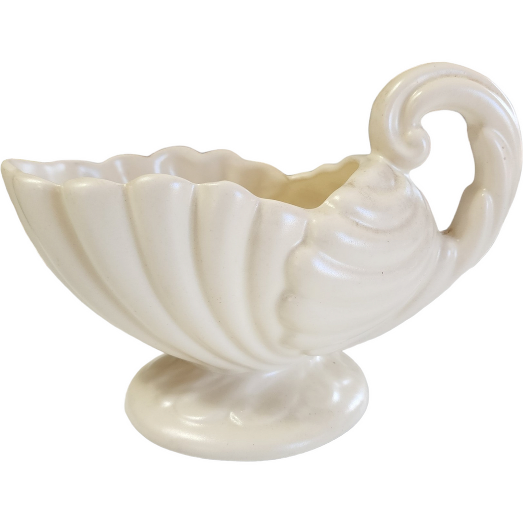 Haeger Matte Ivory White Ceramic Swirl Cornucopia Footed Planter Vase Jardiniere