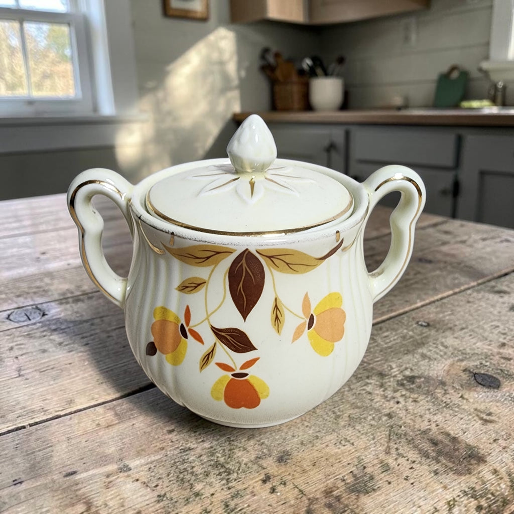 Hall China Autumn Leaf Rayed Sugar Bowl & Lid