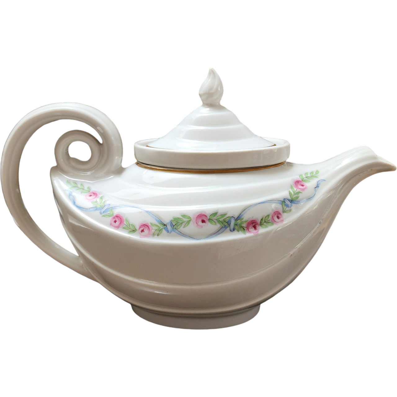 Hall Wildfire Gold Trim Blue Ribbon Pink Roses Aladdin Teapot & Oval Lid with Infuser