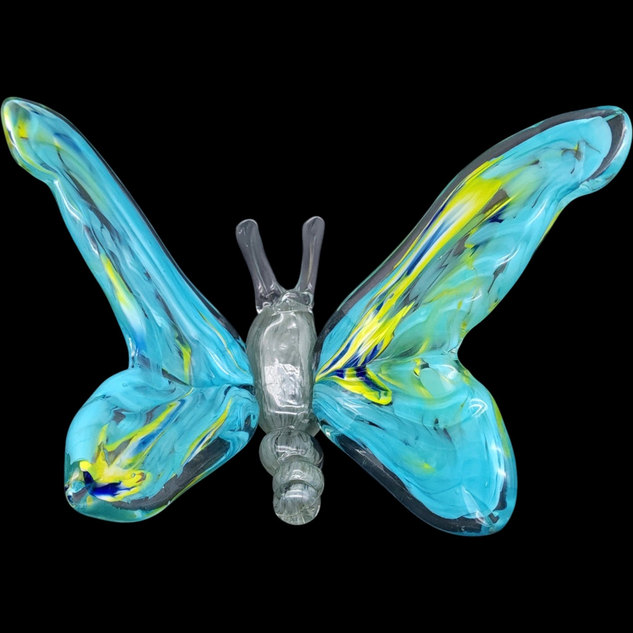 Hand-Blown Art Glass Butterfly Figurine  Aqua Blue & Yellow