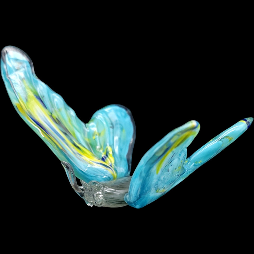 Hand-Blown Art Glass Butterfly Figurine  Aqua Blue & Yellow