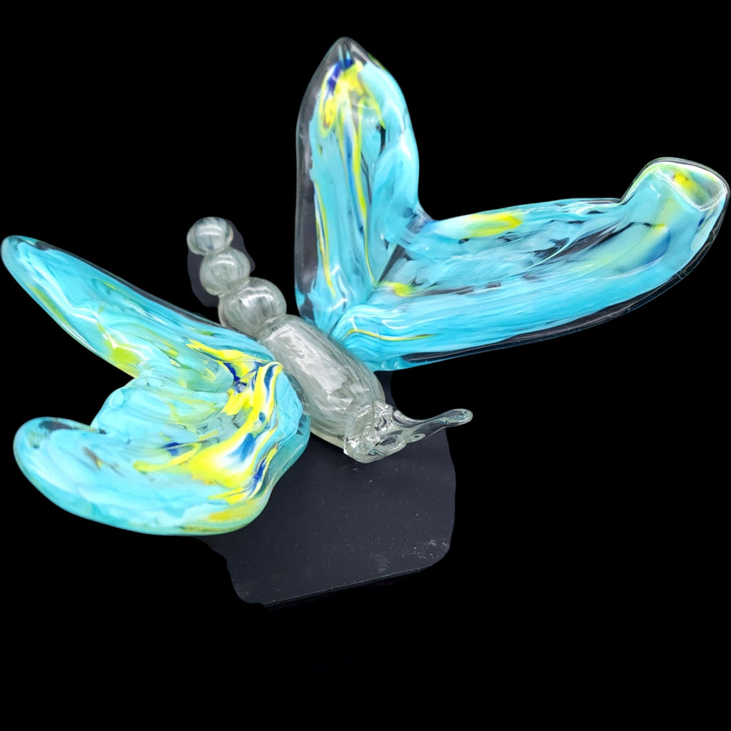 Hand-Blown Art Glass Butterfly Figurine  Aqua Blue & Yellow
