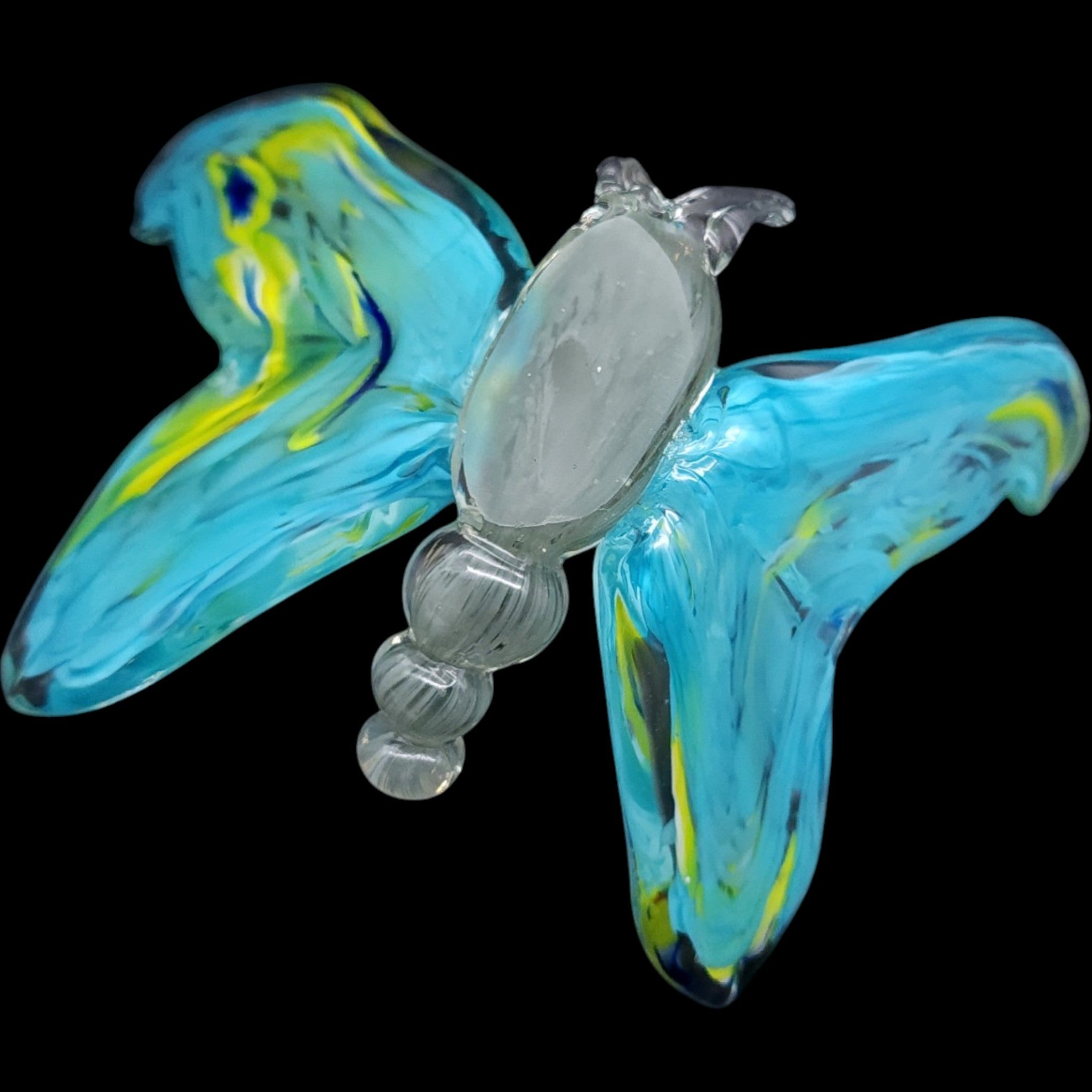 Hand-Blown Art Glass Butterfly Figurine  Aqua Blue & Yellow