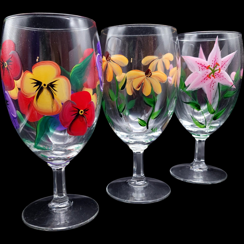 Hand-Painted Floral Wine Glasses  Water Goblets - Set of 3