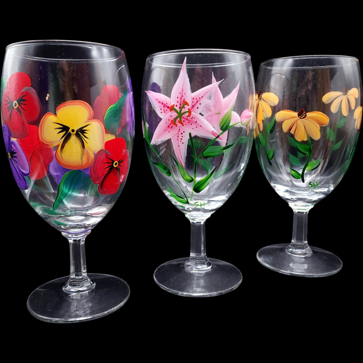 Hand-Painted Floral Wine Glasses  Water Goblets - Set of 3