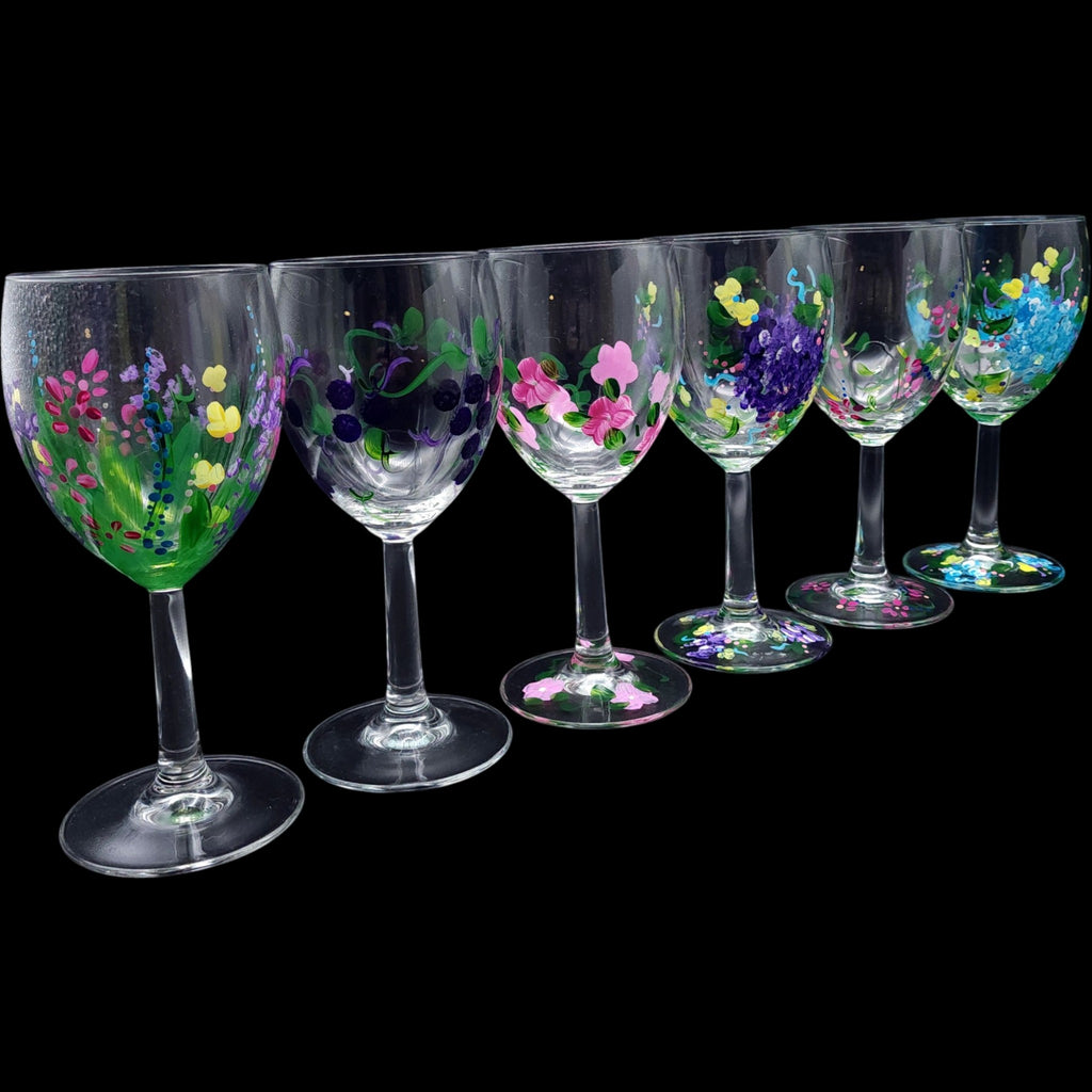 Hand-Painted Floral Wine Glasses  Water Goblets - Set of 6