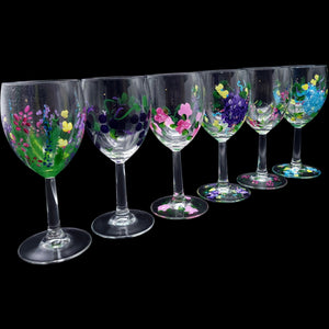 Hand-Painted Floral Wine Glasses  Water Goblets - Set of 6