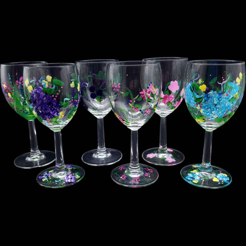 Hand-Painted Floral Wine Glasses  Water Goblets - Set of 6