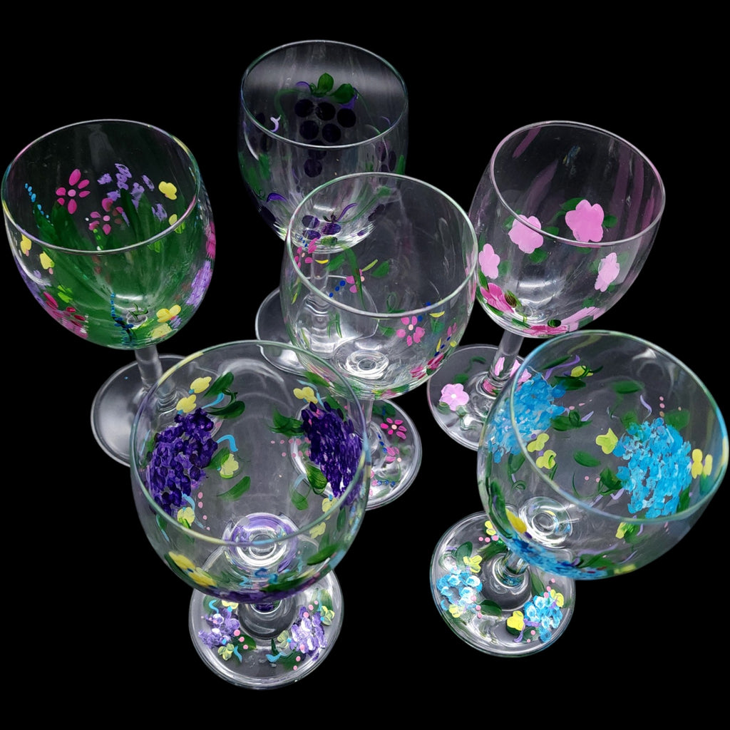 Hand-Painted Floral Wine Glasses  Water Goblets - Set of 6