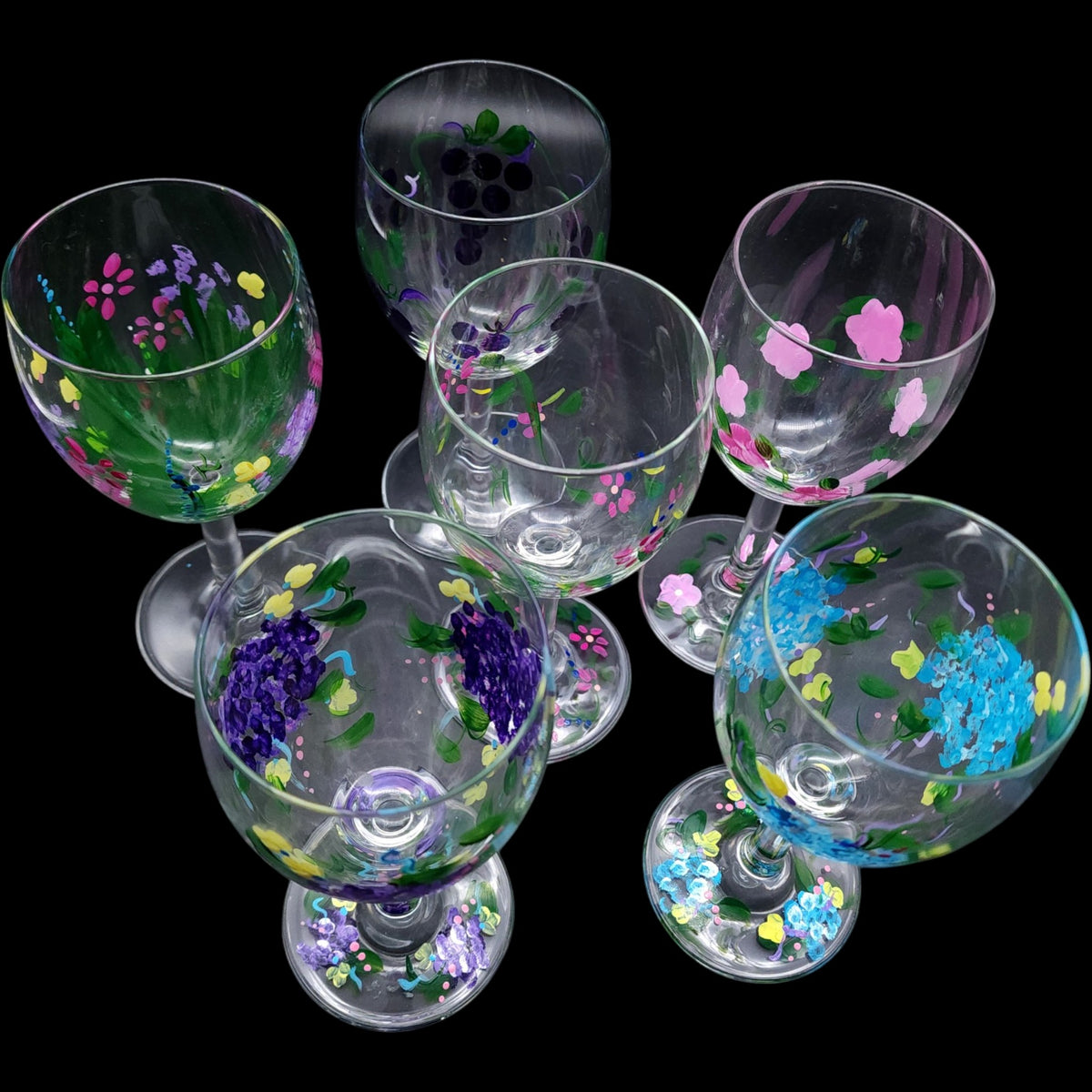 Hand-Painted Floral Wine Glasses  Water Goblets - Set of 6