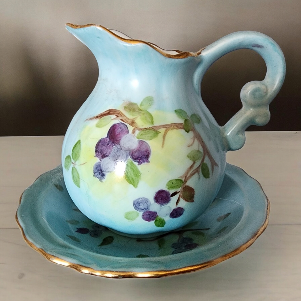 Hand-Painted Porcelain Mini Pitcher and Plate Set by Jean Pierce