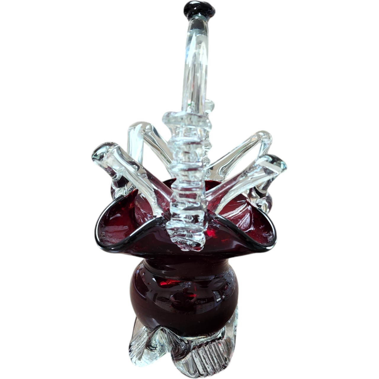 Hand Blown Deep Burgundy and Clear Glass Basket with Intricate Handle