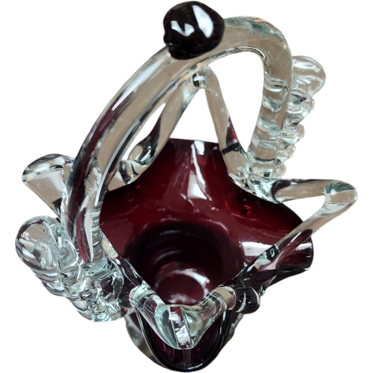 Hand Blown Deep Burgundy and Clear Glass Basket with Intricate Handle