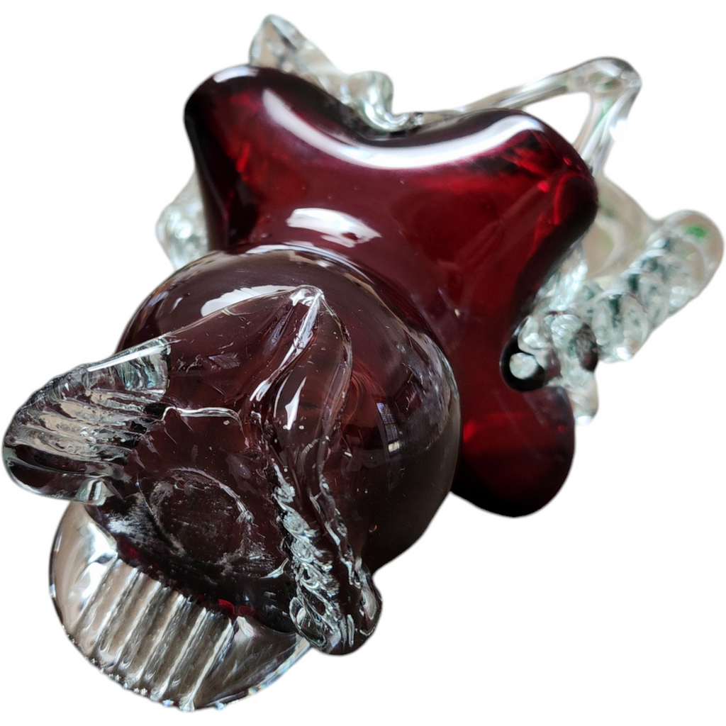 Hand Blown Deep Burgundy and Clear Glass Basket with Intricate Handle