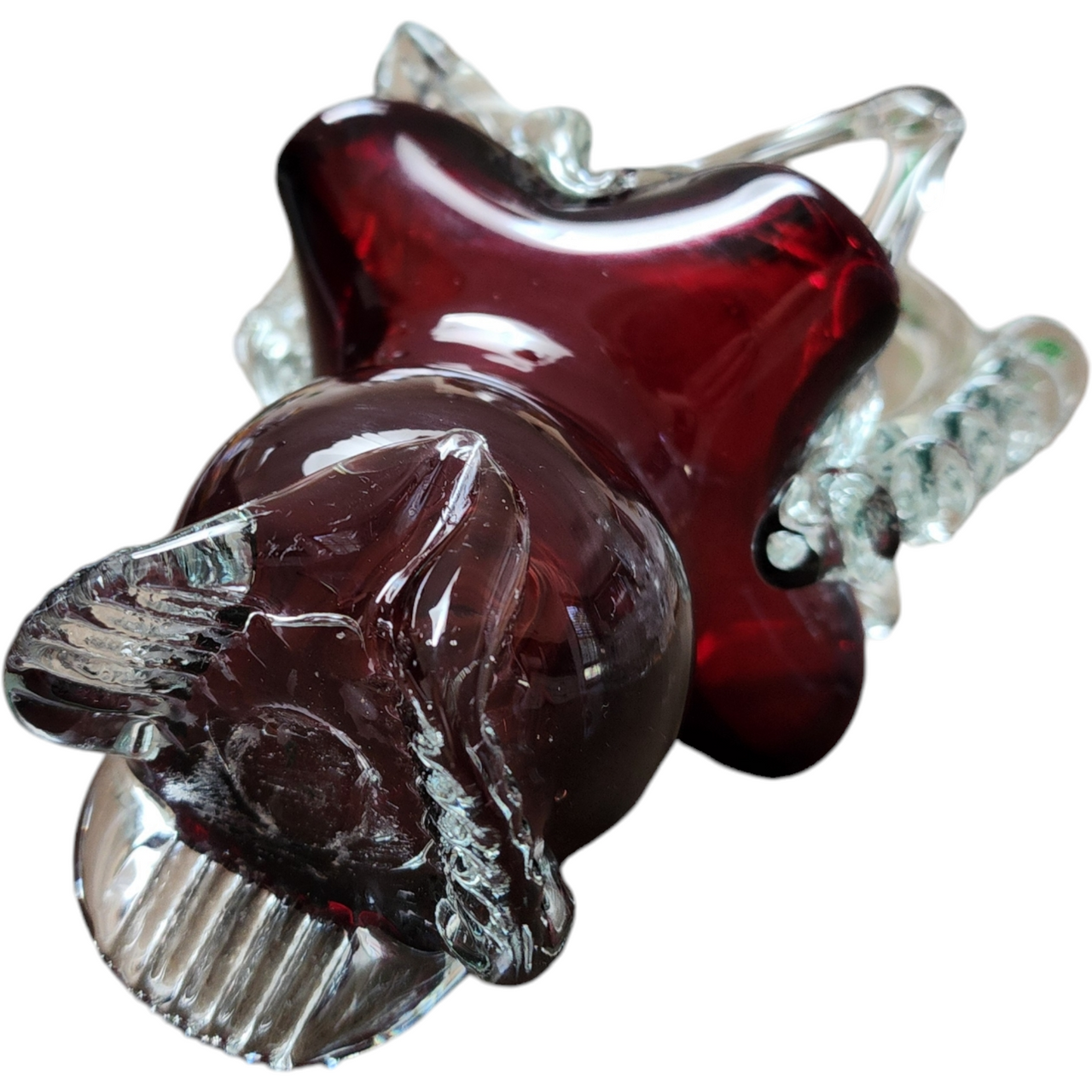 Hand Blown Deep Burgundy and Clear Glass Basket with Intricate Handle