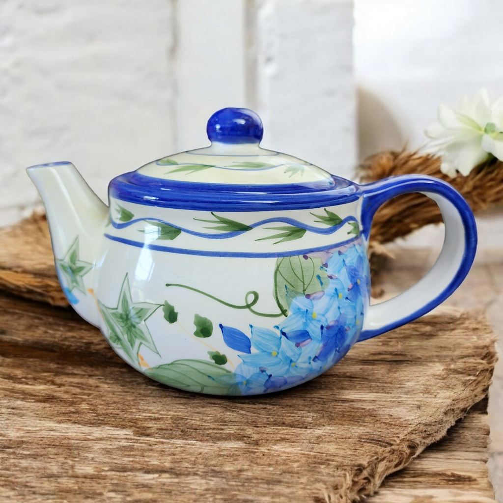 Blue Rhododendron & Leaves Fine Porcelain Teapot 6 Cups