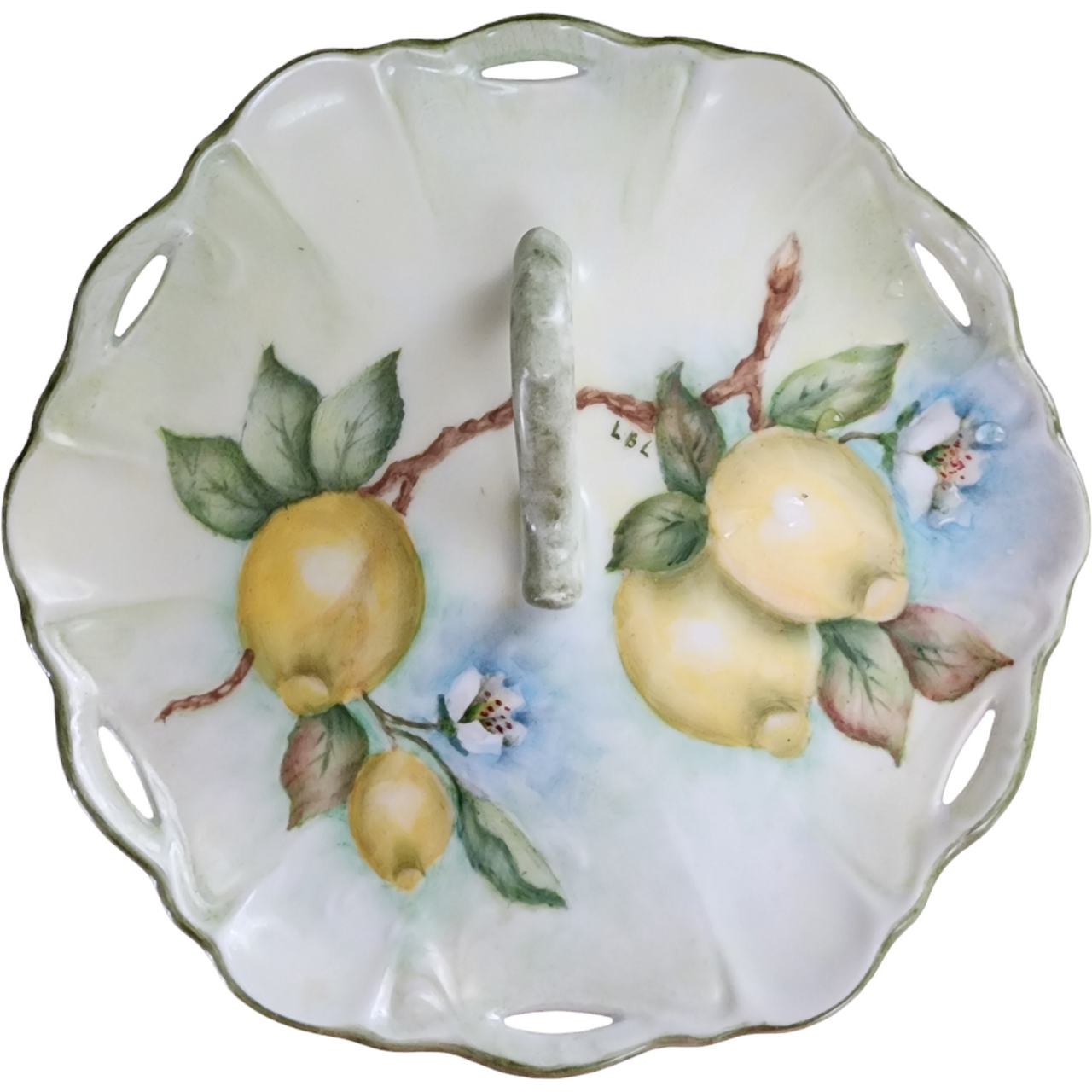 Hand Painted Nappy Lemon Dish with Handle Signed