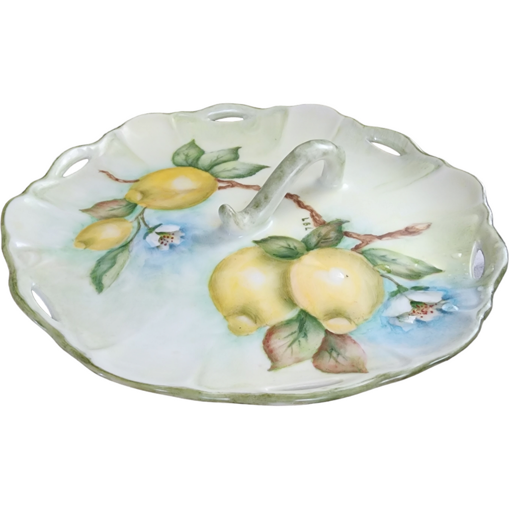 Hand Painted Nappy Lemon Dish with Handle Signed