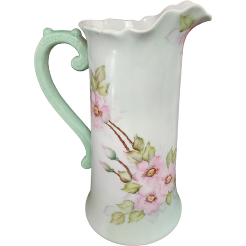 Handmade Stevens Porcelain Handpainted Satin Floral Design Pitcher Vase