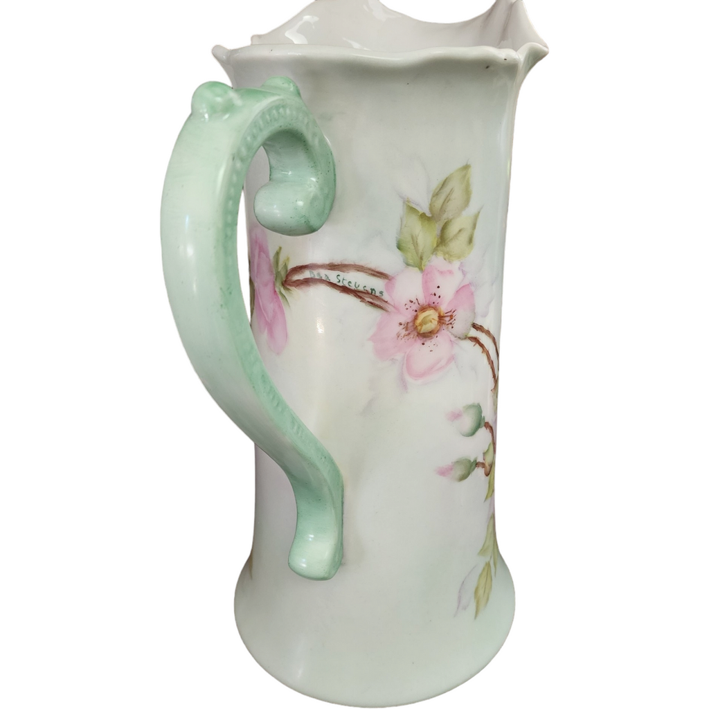 Handmade Stevens Porcelain Handpainted Satin Floral Design Pitcher Vase