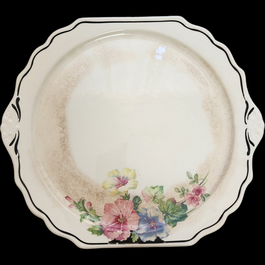 Harker Pottery Mallow Pastel Flowers Black Accents Handled Cake Plate