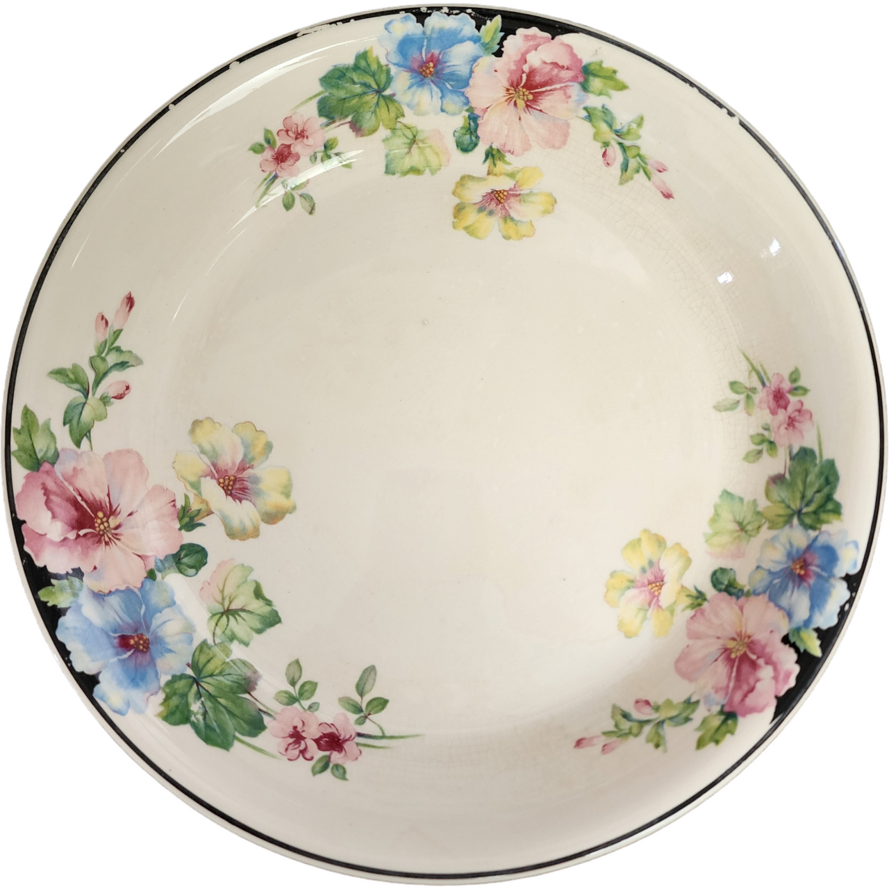 Harker Pottery Mallow Pastel Flowers Black Accents Pie Pan Plate / Dish