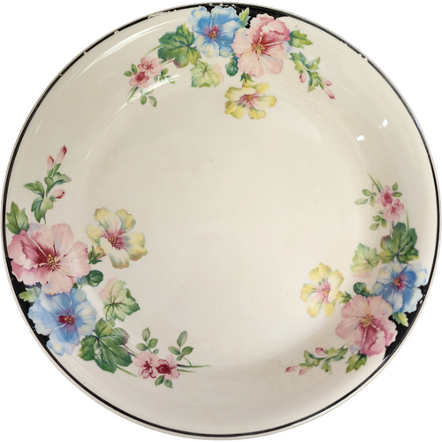 Harker Pottery Mallow Pastel Flowers Black Accents Pie Pan Plate / Dish