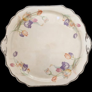 Harker Pottery Pastel Tulip Virginia Platinum Trim Square Handled Cake Plate