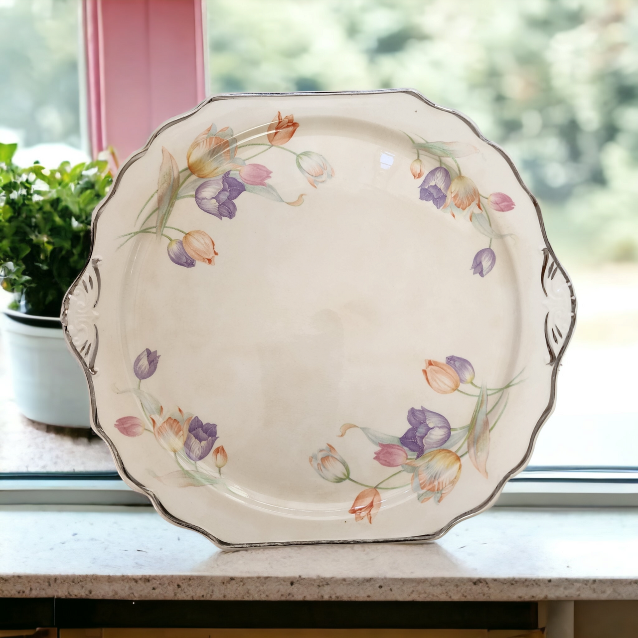 Harker Pottery Pastel Tulip Virginia Platinum Trim Square Handled Cake Plate