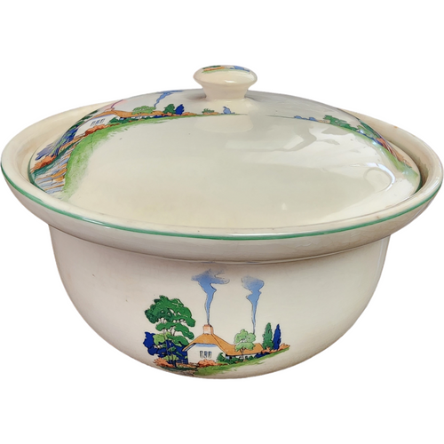 Harker Pottery Thatchroof Cottage Scene Green Trim  Soup Tureen with Cover