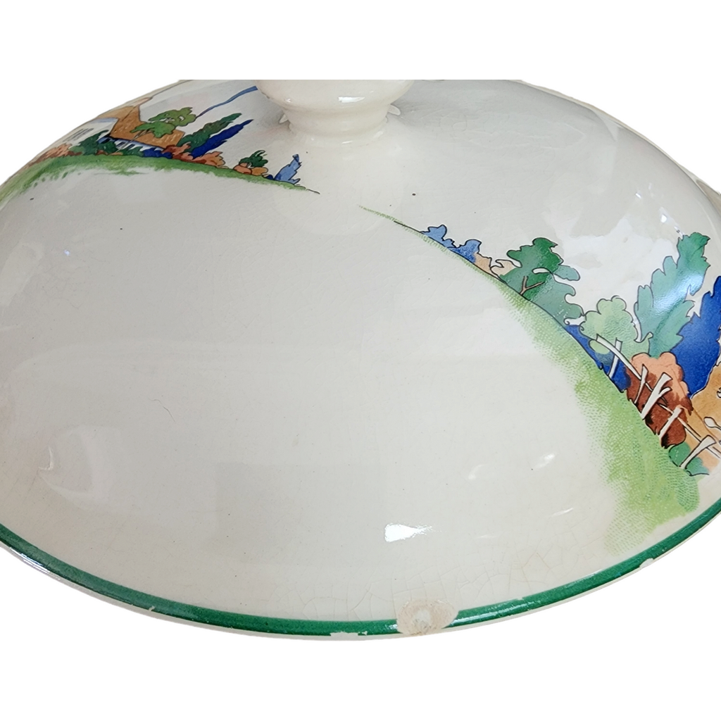 Harker Pottery Thatchroof Cottage Scene Green Trim  Soup Tureen with Cover