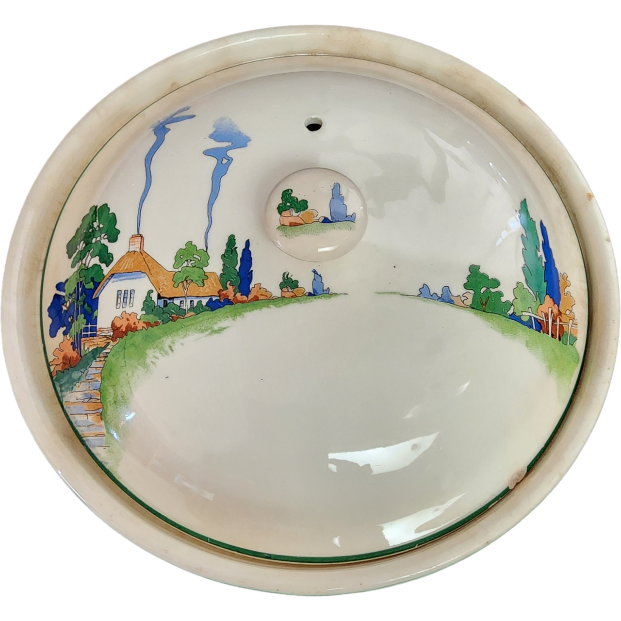 Harker Pottery Thatchroof Cottage Scene Green Trim  Soup Tureen with Cover