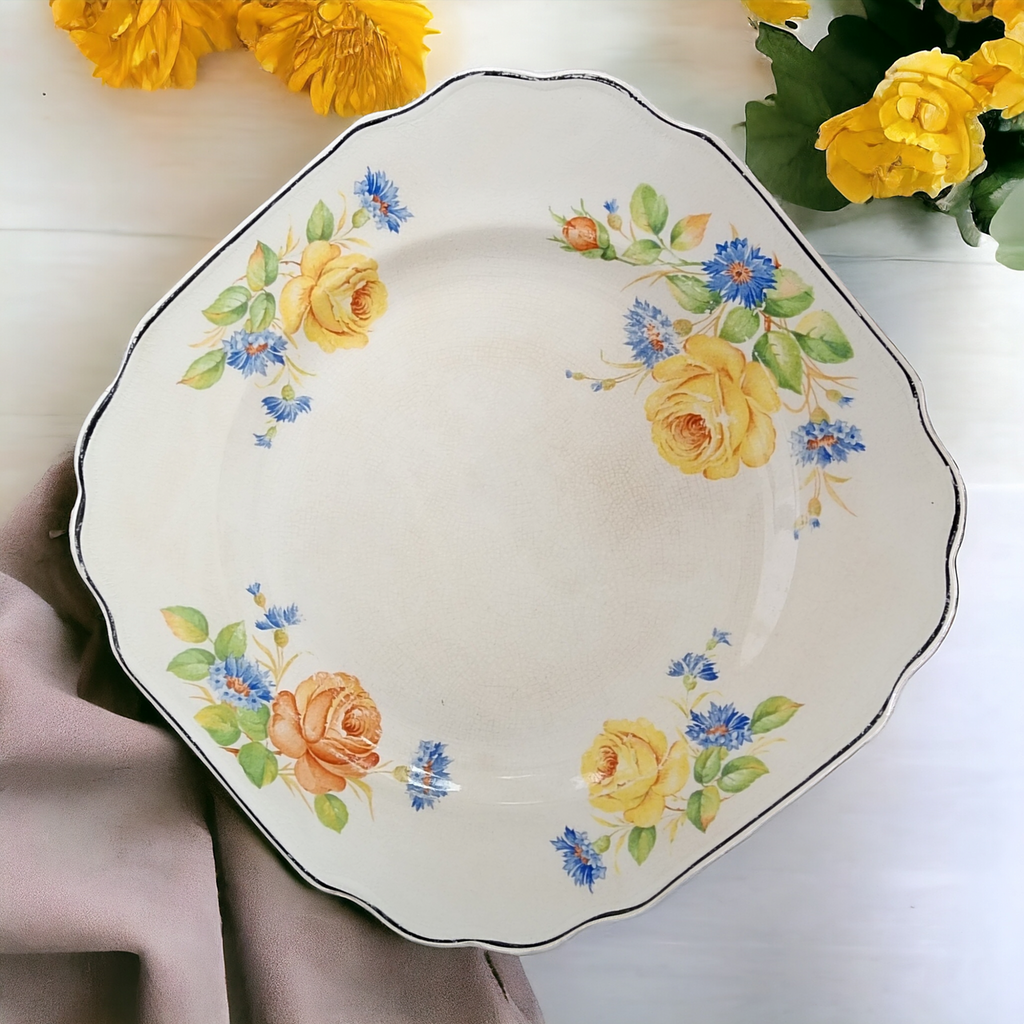 Harker Yellow Roses  Scalloped Platinum Trim Square Dinner Plate