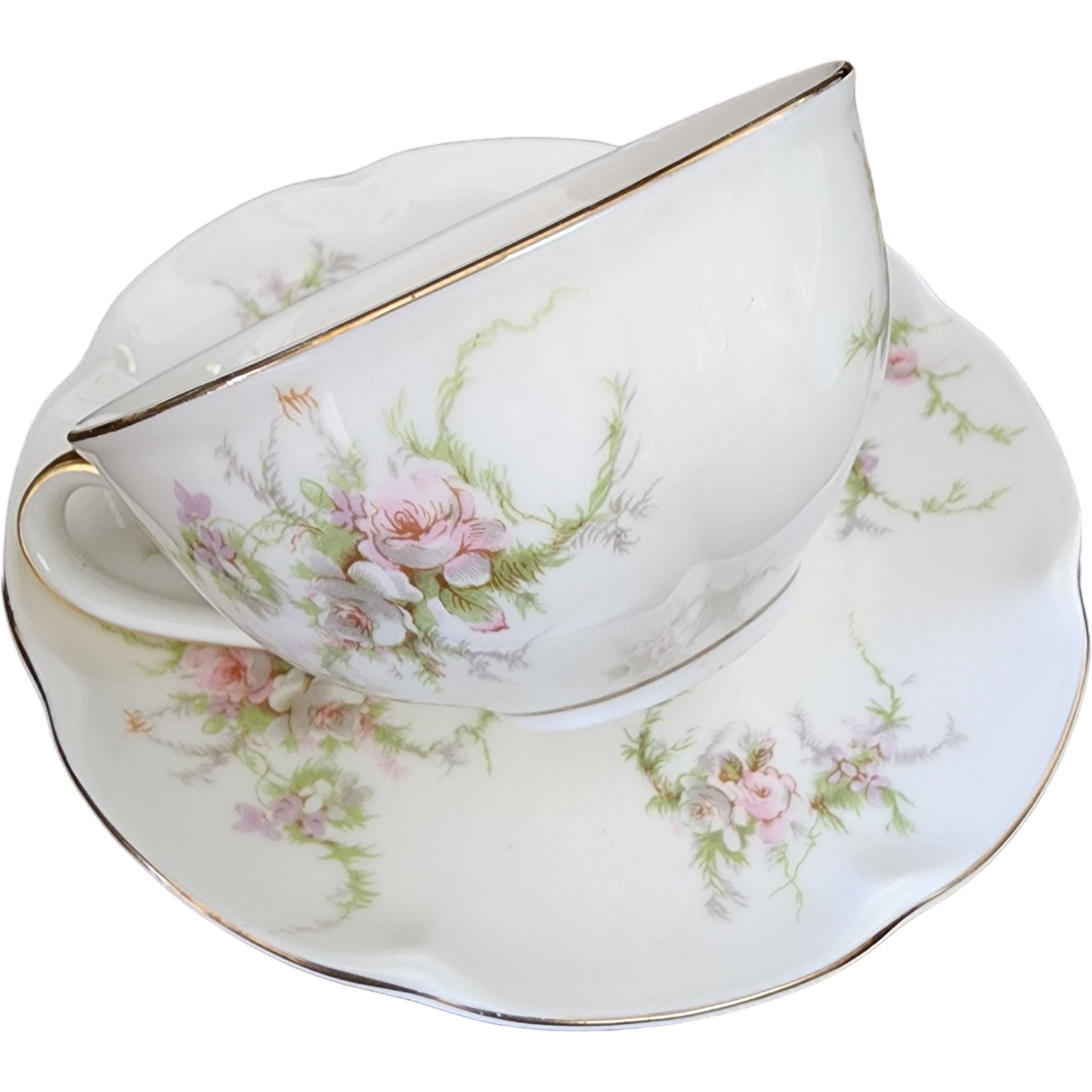 Haviland Rosalinde New York Scallop Pink, Lavender & White Flowers Flat Cup & Saucer Set