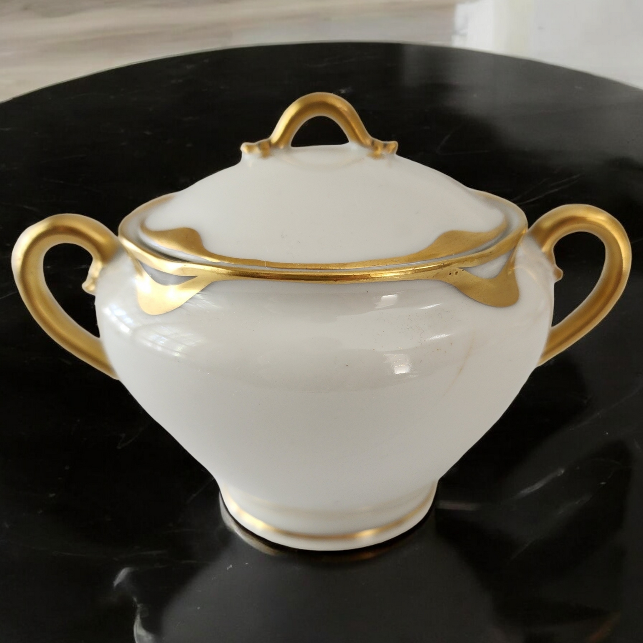 Haviland Silver Anniversary Covered Sugar Bowl Limoges France White Porcelain with Gold Trim, Vintage
