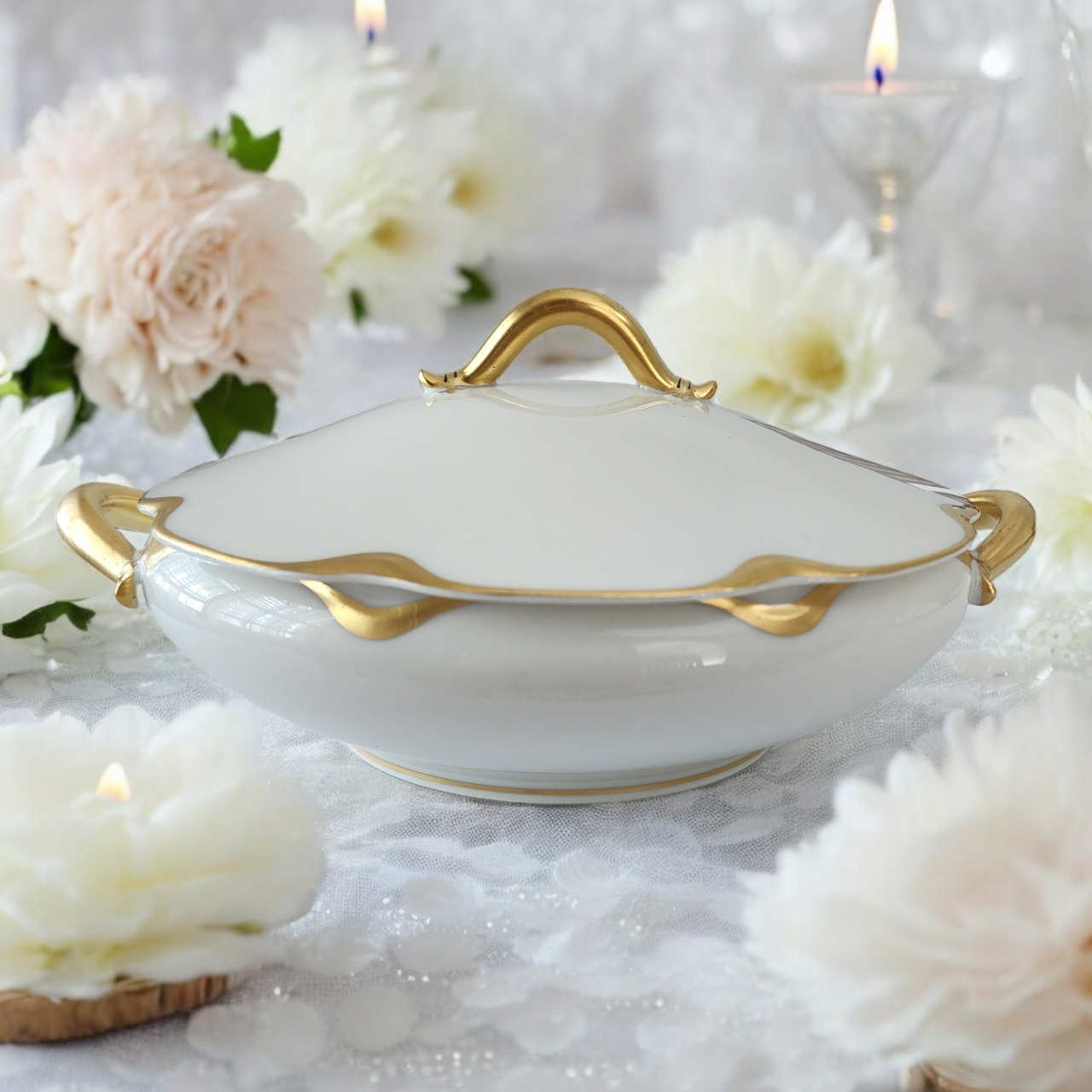 Haviland Silver Anniversary Covered Tureen White Porcelain with Gold Trim Handles, Vintage France