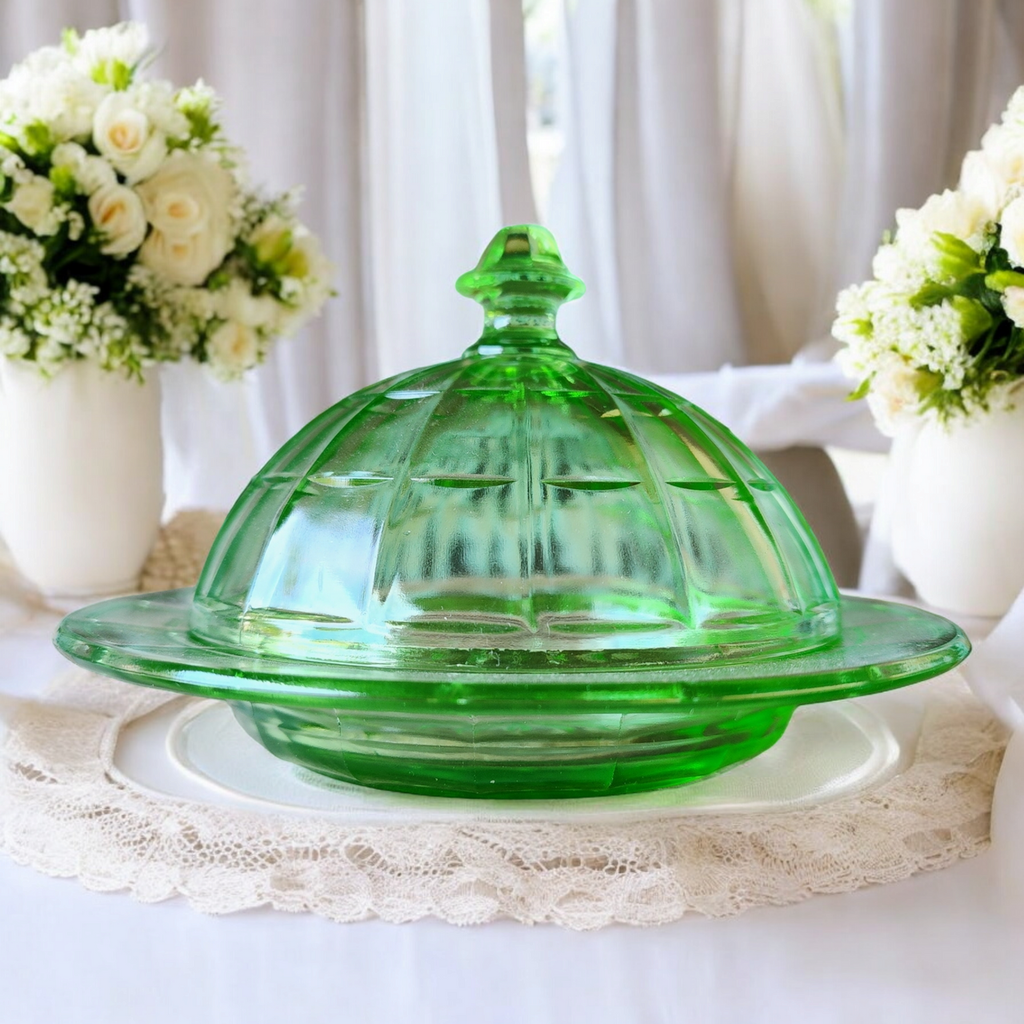 Hazel-Atlas Glass Company Colonial Block Green Uranium Round Covered Butter