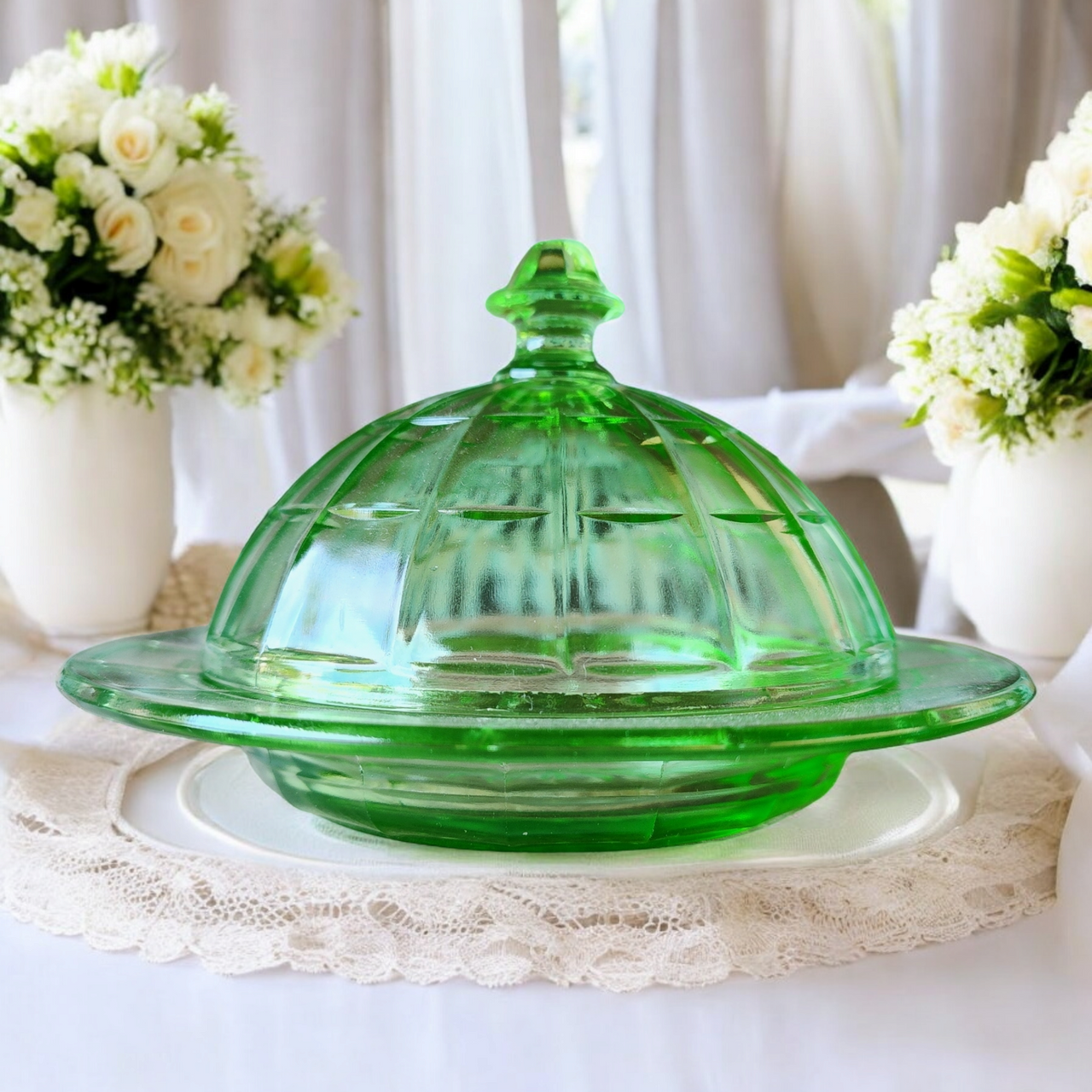 Hazel-Atlas Glass Company Colonial Block Green Uranium Round Covered Butter