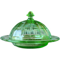 Hazel-Atlas Glass Company Colonial Block Green Uranium Round Covered Butter