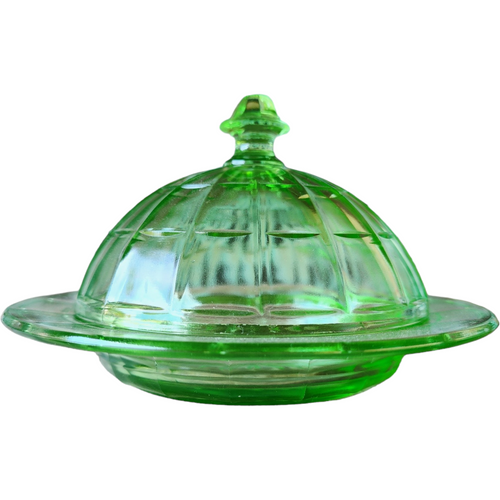 Hazel-Atlas Glass Company Colonial Block Green Uranium Round Covered Butter