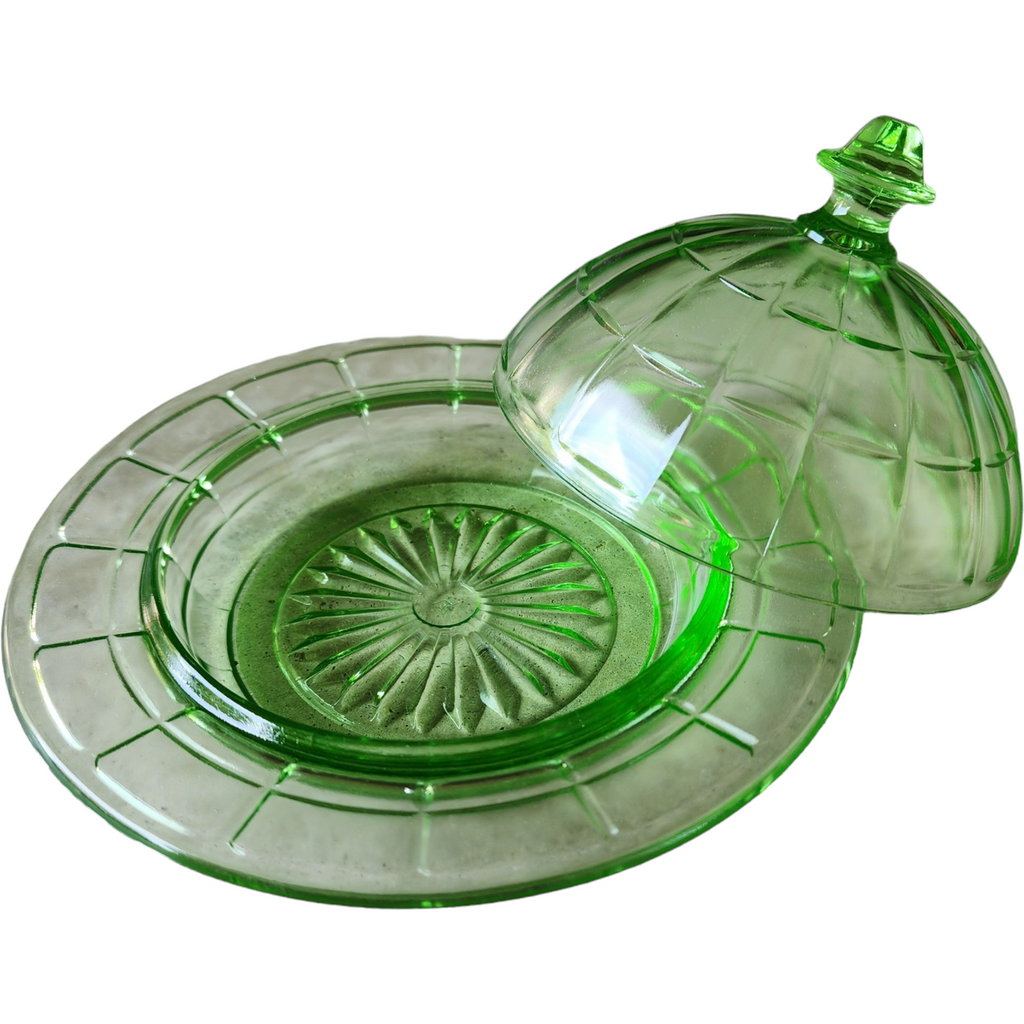 Hazel-Atlas Glass Company Colonial Block Green Uranium Round Covered Butter